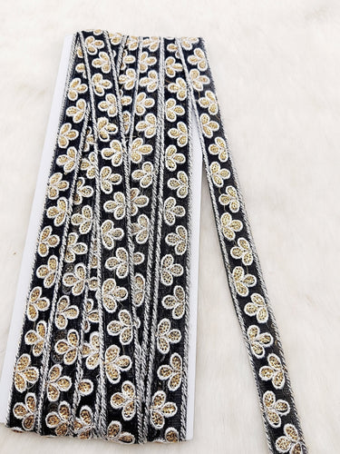 Wholesale Black Net Lace Floral Embroidery & Glitter Gold Sequins, Indian Wedding Border, Gifting Ribbon Costume Trim Fashion Trimming